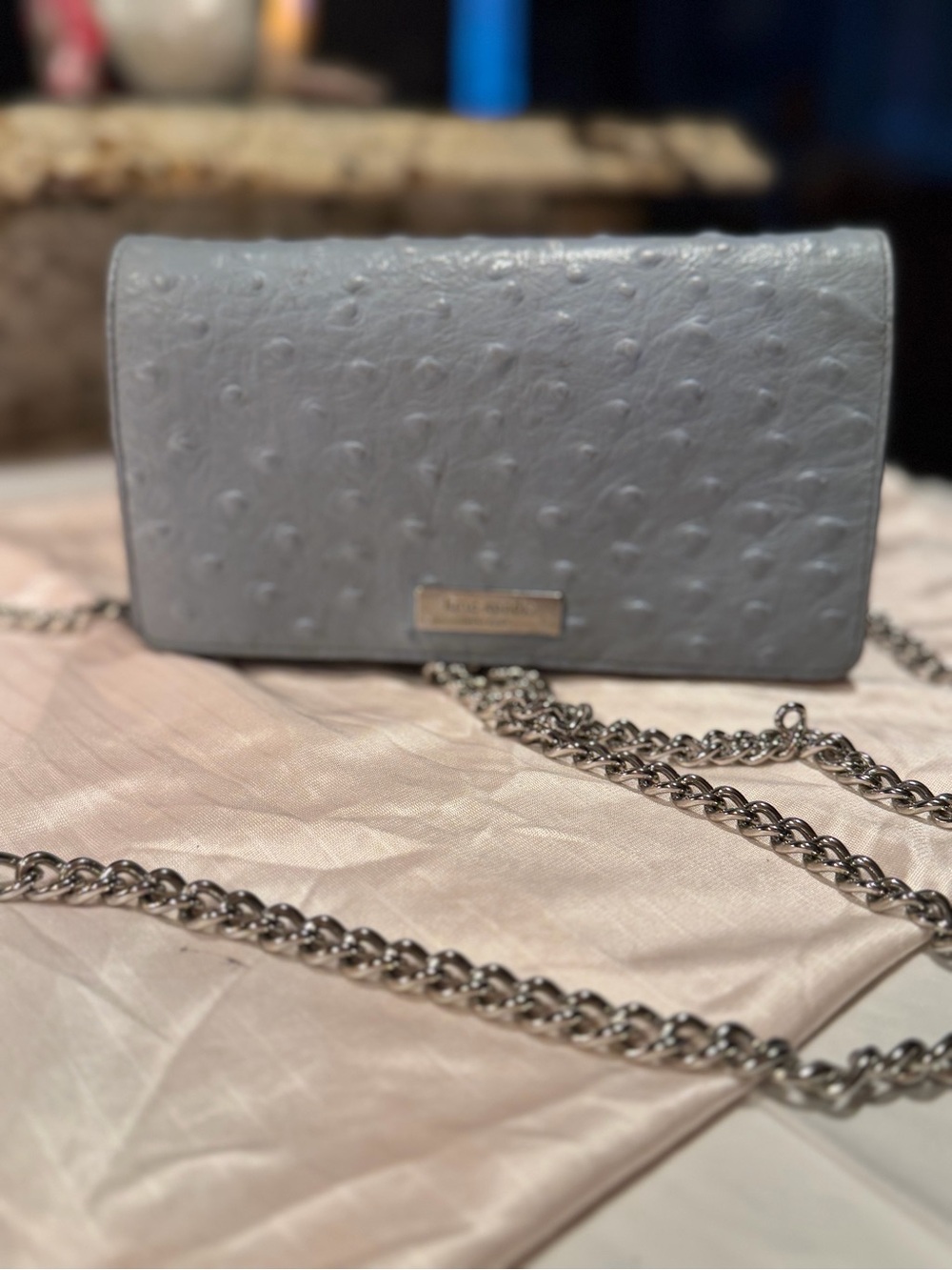 kate spade New York Light Blue Ostrich-Embossed Leather Chain Crossbody